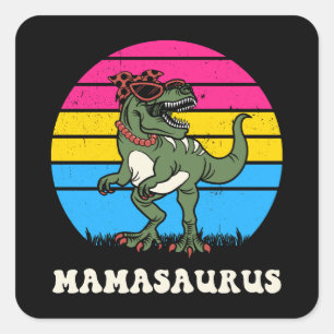 Pegatina Cuadrada Dinosaurio gracioso Mamasauro sobre puesta de sol 
