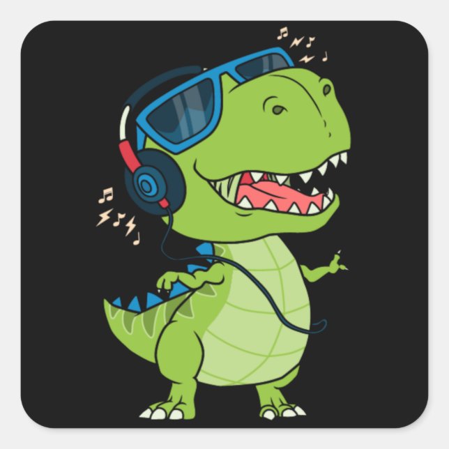 Pegatina Cuadrada Dinosaurio Guay escuchando música (Anverso)