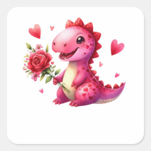 Pegatina Cuadrada Dinosaurio lindo del día de San Valentín