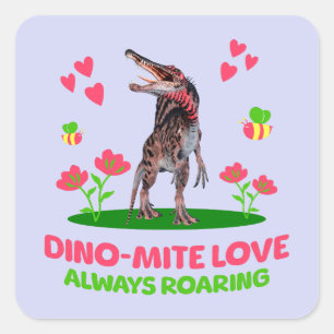 Pegatina Cuadrada Dinosaurio lindo para el día de San Valentín para