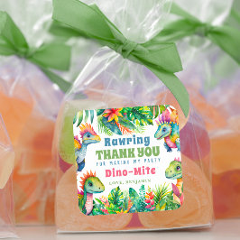 Pegatina Cuadrada Dinosaurio Primer cumpleaños Fiesta niño tropical 