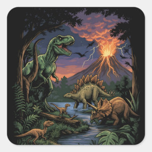 Pegatina Cuadrada Dinosaurio Rex y Triceratops Jurásico Vintage
