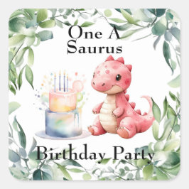Pegatina Cuadrada Dinosaurio rojo pintado uno fiesta de cumpleaños d
