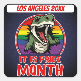 Pegatina Cuadrada Dinosaurio Sobre La Bandera Arcoiris Coloca El Fon