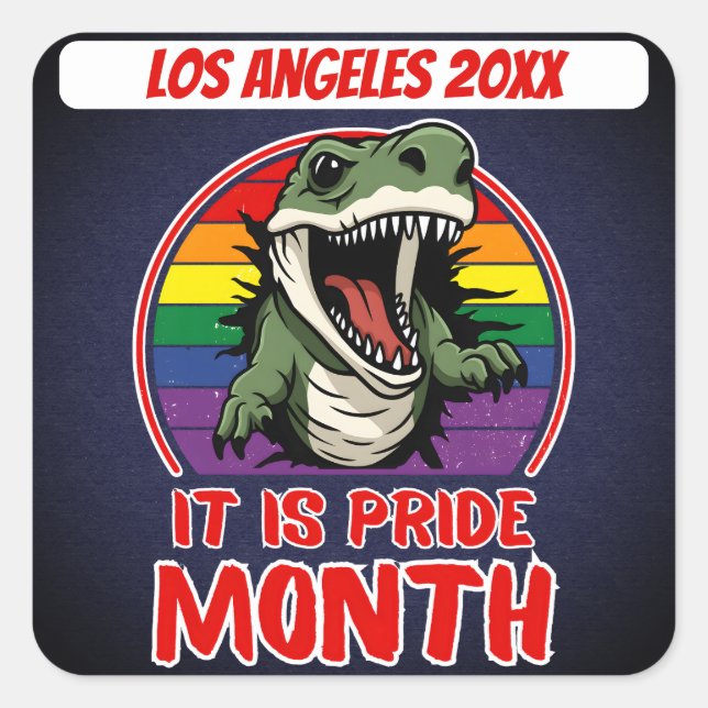 Pegatina Cuadrada Dinosaurio Sobre La Bandera Arcoiris Coloca El Fon (Anverso)