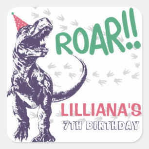 Pegatina Cuadrada Dinosaurio T-Rex con Sombrero de Fiesta Rosa y Mor