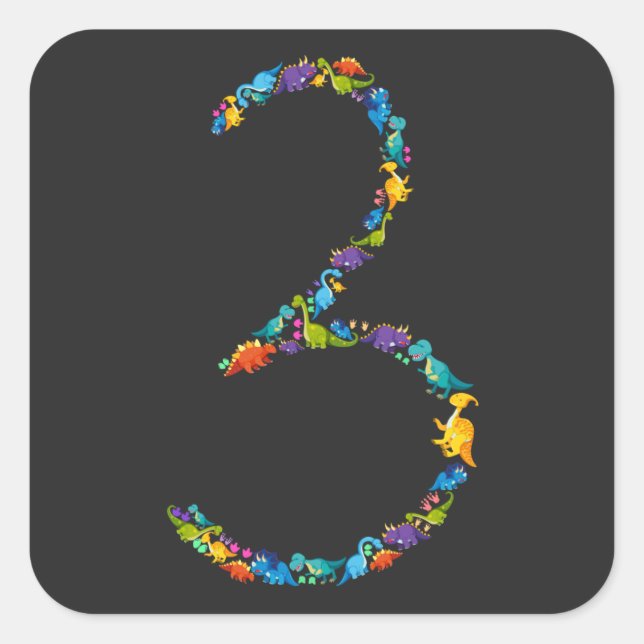 Pegatina Cuadrada Dinosaurio Tercer Cumpleaños Para Los 3 Años (Anverso)