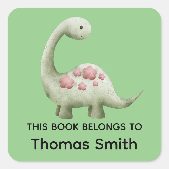 Pegatina Cuadrada Dinosaurio y nombre de "Este libro pertenece" verd (Anverso)