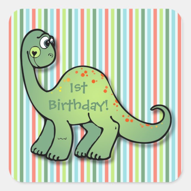 Pegatina Cuadrada Dinosaurio y Stripes Primer Cumpleaños 1.5" Plaza. (Anverso)