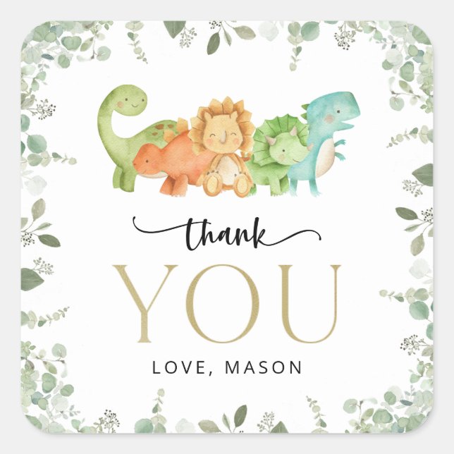 Pegatina Cuadrada Dinosaurios Cutos, T-Rex, Jurásico, Primer Cumplea (Anverso)