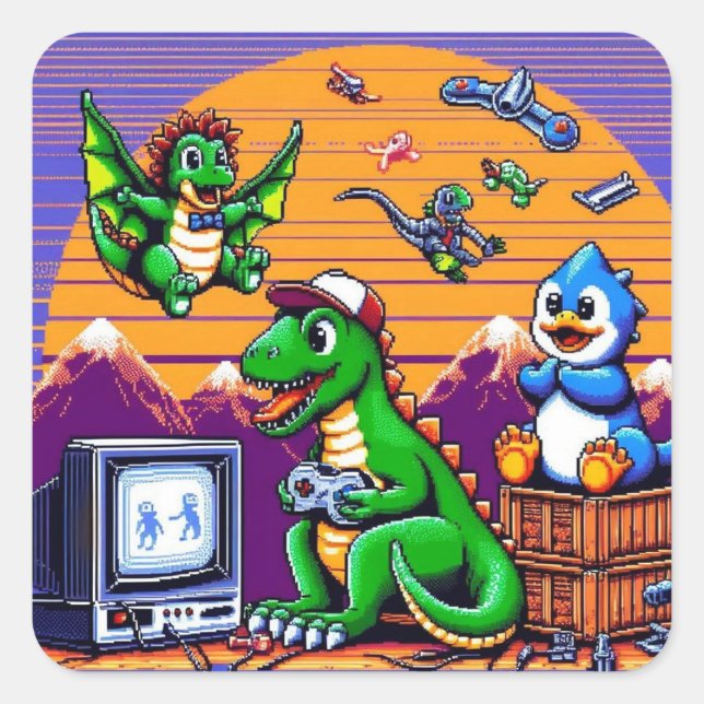 Pegatina Cuadrada Dinosaurios de 8 bits jugando videojuegos (Anverso)
