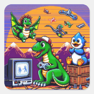 Pegatina Cuadrada Dinosaurios de 8 bits jugando videojuegos