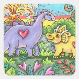 PEGATINA CUADRADA DINOSAURIOS PREHISTÓRICOS COLORIDOS, AMIGOS DE DIN