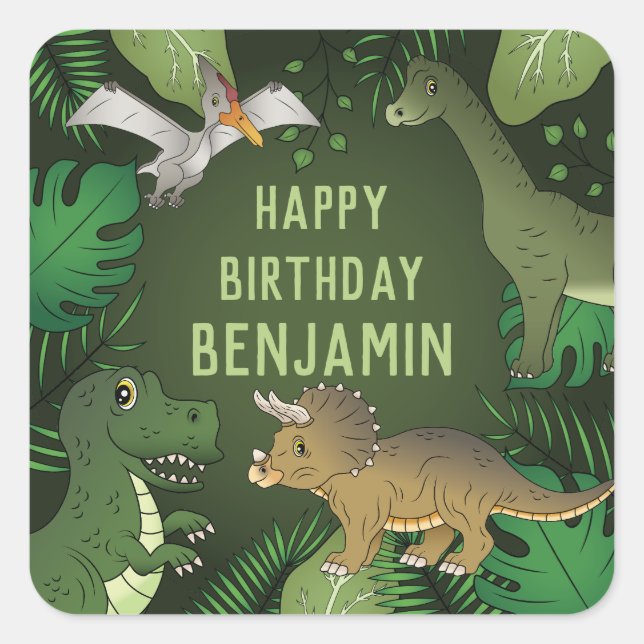 Pegatina Cuadrada Dinosaurios y plantas verdes cumpleaños feliz de n (Anverso)