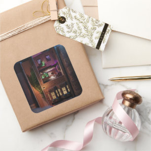 Pegatina Cuadrada Diorama de libro en miniatura nook - leyendo arrib