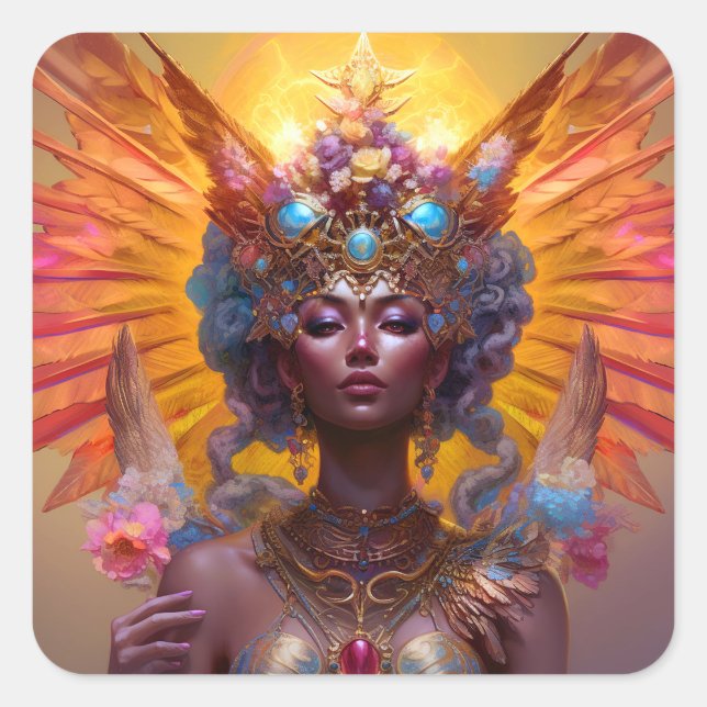 Pegatina Cuadrada Diosa alada Fantasía Arte (Anverso)