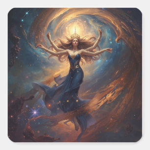 Pegatina Cuadrada diosa cósmica multiarmada en fantasía de nebulosa