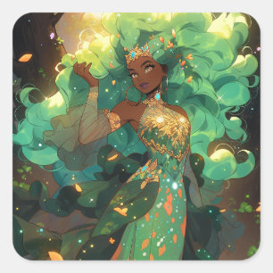 Pegatina Cuadrada Diosa de la naturaleza Arte de fantasía afroameric