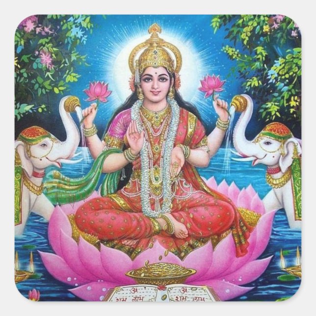 Pegatina Cuadrada Diosa lakshmi de amor, prosperidad y riqueza (Anverso)