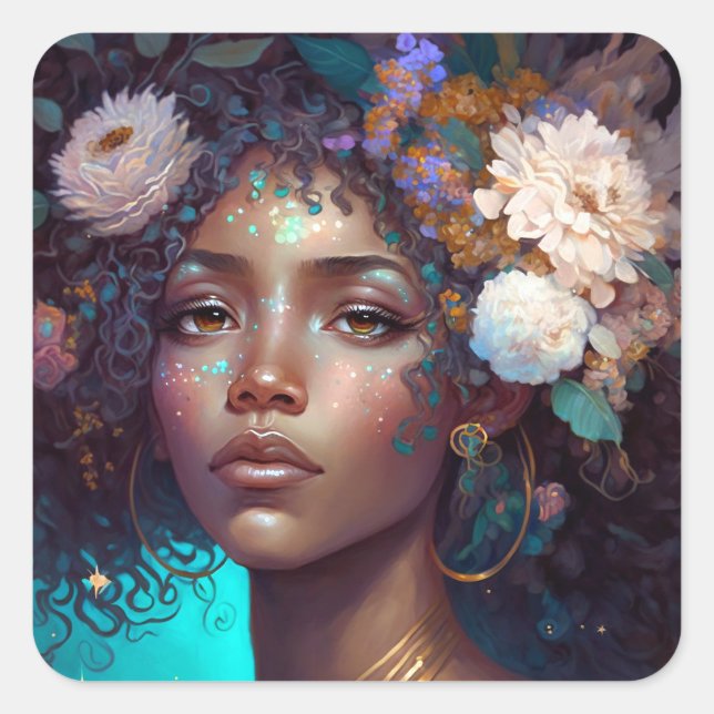 Pegatina Cuadrada Diosa negra afroamericana reina fantasía arte S (Anverso)