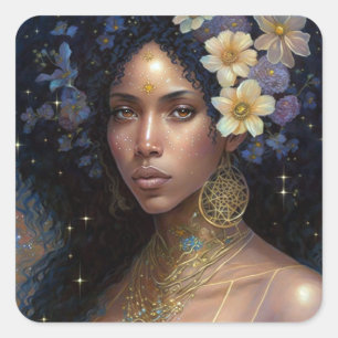 Pegatina Cuadrada Diosa negra afroamericana reina fantasía arte S