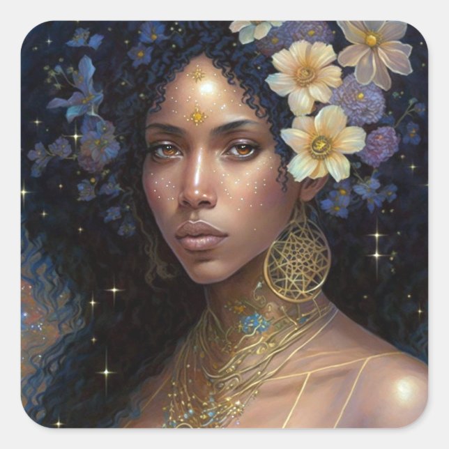 Pegatina Cuadrada Diosa negra afroamericana reina fantasía arte S (Anverso)