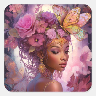 Pegatina Cuadrada Diosa Negra Arte de fantasía morado rosado