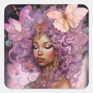 Pegatina Cuadrada Diosa Negra Arte de fantasía morado rosado