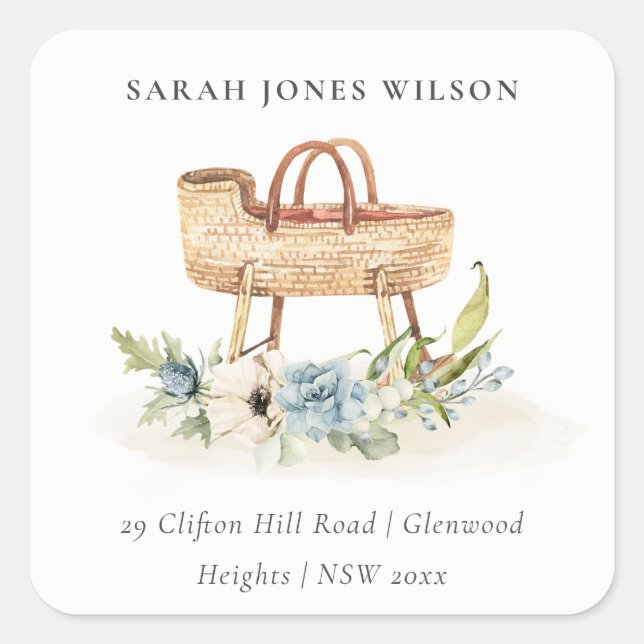Pegatina Cuadrada Dirección Cute Boho Nursery Blue Floral Bassinet (Anverso)