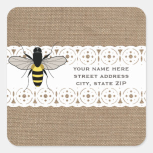 Pegatina Cuadrada Dirección de Abeja de Miel inspirada en Burlap & L