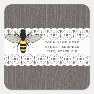 Pegatina Cuadrada Dirección de abeja de miel inspirada en la madera