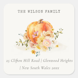 Pegatina Cuadrada Dirección de Acción de Gracias de la Calabaza Flor