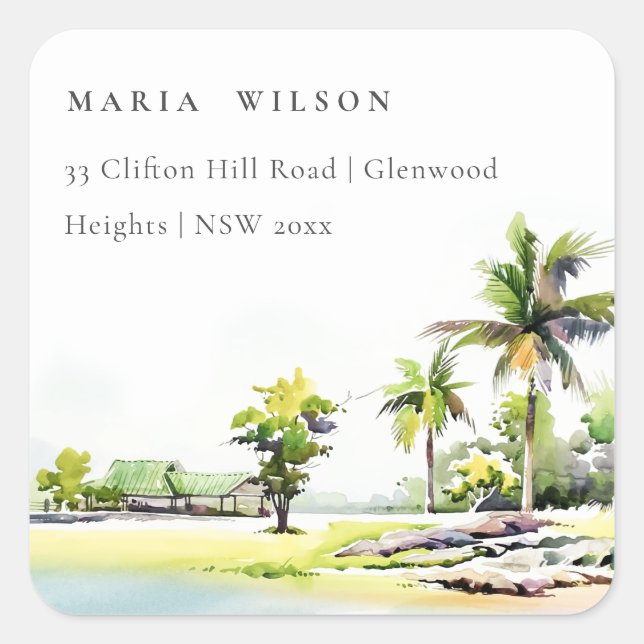 Pegatina Cuadrada Dirección de acuarela de palmeras costeras tropica (Anverso)
