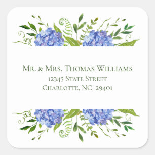 Pegatina Cuadrada Dirección de Boda de Hortensias Azules