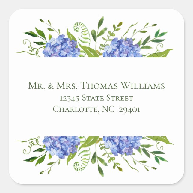 Pegatina Cuadrada Dirección de Boda de Hortensias Azules (Anverso)