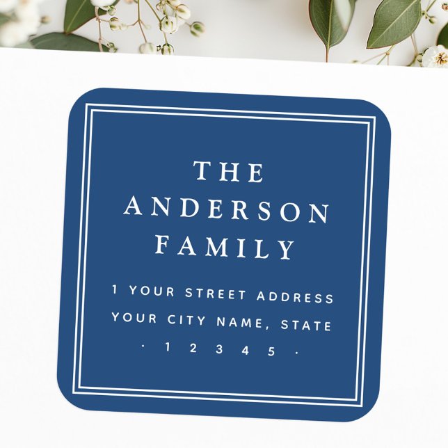 Pegatina Cuadrada Dirección de devolución azul oscuro del borde del  (Family name border dark blue return address square sticker)
