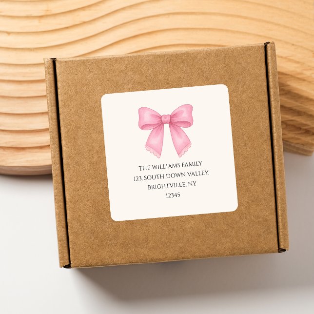 Pegatina Cuadrada Dirección de devolución Coquette de lazo rosa acua (Cute Watercolor Pink Bow Coquette return address Square Sticker)