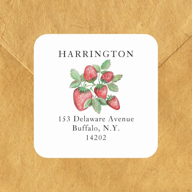 Pegatina Cuadrada Dirección de devolución de fresa roja dibujada a m (On the front or the back of the envelope, these hand-drawn red strawberries lend an artistic touch.)