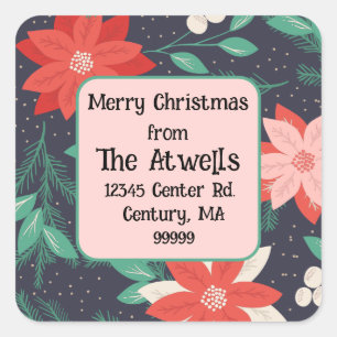 Pegatina Cuadrada Dirección de devolución de Navidades rojos y blanc