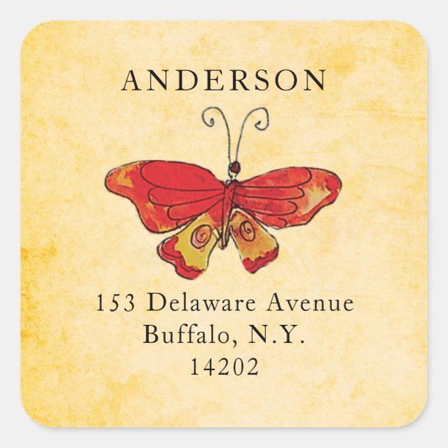 Pegatina Cuadrada Dirección de devolución de oro con mano de maripos (Anverso)