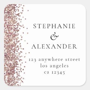 Pegatina Cuadrada Dirección de devolución del Boda Rosa Purpurina de