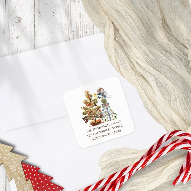 Pegatina Cuadrada Dirección de devolución del nombre del árbol de na (Cute Mice return name and Address)