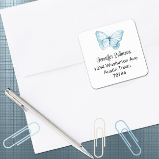 Pegatina Cuadrada Dirección de ducha de bebé niño Mariposa azul