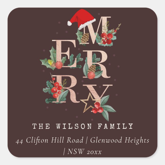 Pegatina Cuadrada Dirección de Foliage de Brown Rosa Gold Merry Chri (Anverso)