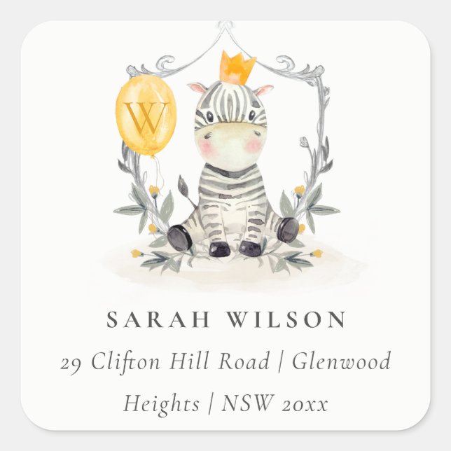 Pegatina Cuadrada Dirección de globo de cebra de bebé amarillo lindo (Anverso)