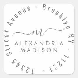 Pegatina Cuadrada Dirección de monograma de guión moderno gris plate