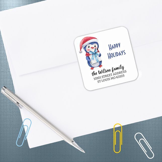 Pegatina Cuadrada Dirección de retorno: Blue Red Penguin Happy Holid (Subido por el creador)