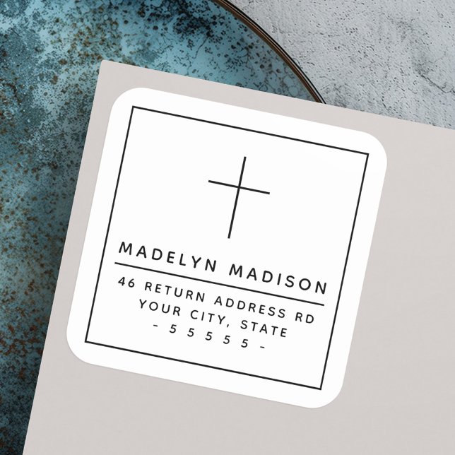 Pegatina Cuadrada Dirección de retorno de blancos crudos cristianos  (Minimalist Christian cross white return address Square Sticker)