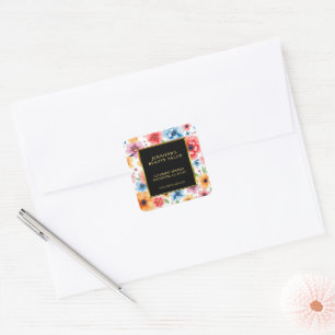 Pegatina Cuadrada Dirección de retorno de flores de color acuarela p