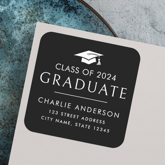 Pegatina Cuadrada Dirección de retorno de negro del límite de gradua (Graduate year graduation cap black return address square sticker)